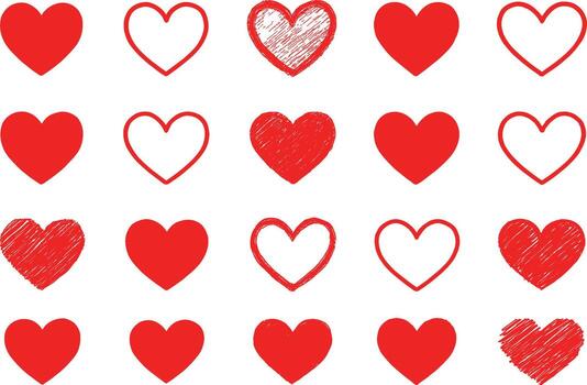Set of Red Hand Drawn and Scribbled Heart Icons for Valentines Day vector