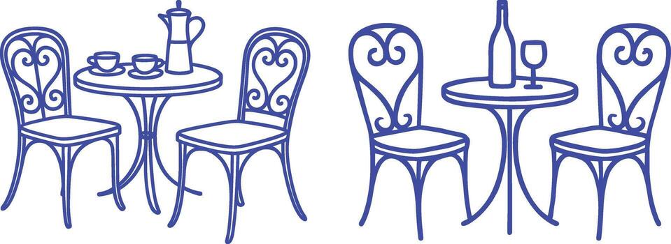 Elegant Line Art Cafe Tables with Coffee and Wine Setup vector