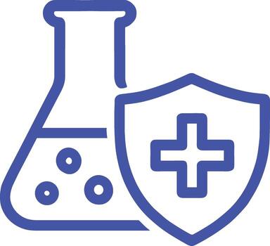 Line Icon of Laboratory Flask with Medical Shield and Cross for Science and Healthcare Themes vector