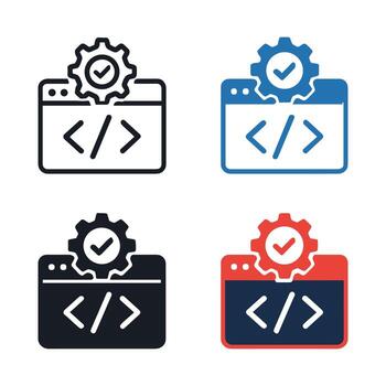 programación icono conjunto con código ventana, engranaje, y marca de verificación web desarrollo símbolos vector