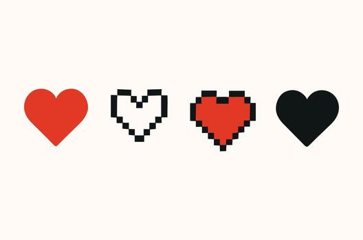 8-Bit Pixel and Flat Heart Icons in Black and Red for Love or Gaming UI vector