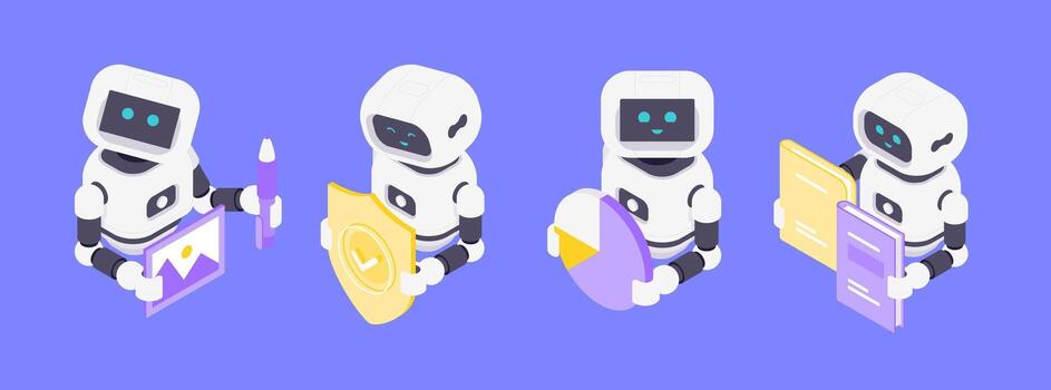 simpático moderno isométrica ilustración ai robots visual datos seguridad analítica y idioma Procesando tecnología vector