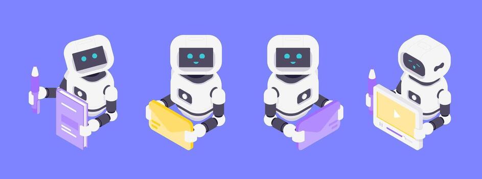 simpático isométrica ilustración ai robots aprendizaje gerente datos creando contenido y manejo multimedia tecnología vector