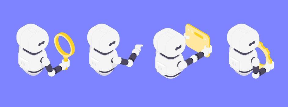 simpático moderno isométrica ilustración ai chatbot robots ejecutando datos análisis buscar automatización y sistema mejoramiento Tareas vector