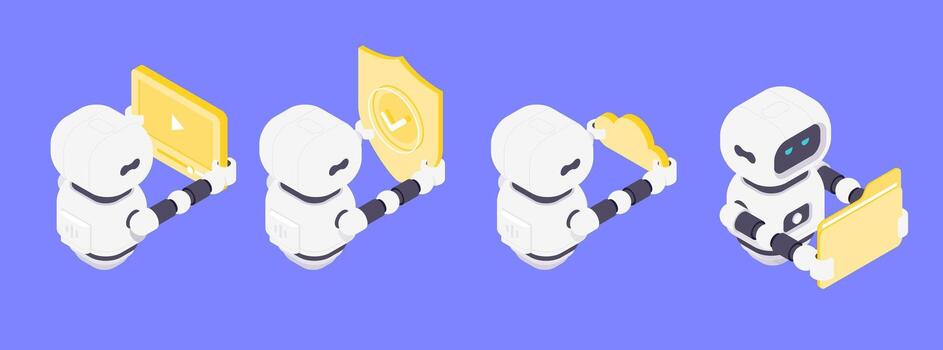 simpático moderno isométrica ilustración ai robots multimedia seguridad nube almacenamiento y flexible digital tecnología soluciones vector