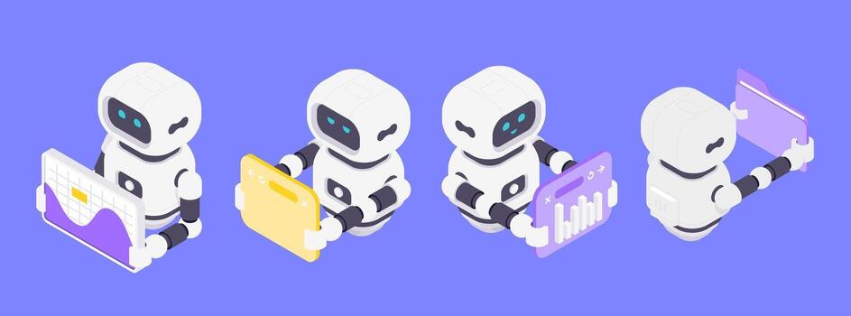Robots holding data visualization tools vector