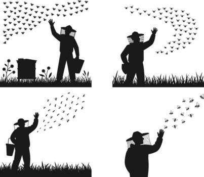 Beekeeper with a bucket of bees and a swarm of bees illustration vector