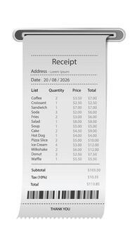 Flat design digital receipt from the machine with product list and barcode. illustration. vector