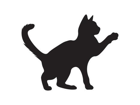 Black silhouette of a cat in side view, standing still with one front paw raised as if reaching forward. Tail down and gently curved. Clean design on white background. vector