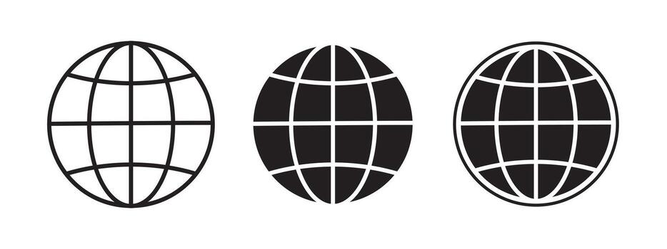 Set of globe icons in black and white. World map symbols with grid lines, perfect for web, global network, internet, or worldwide communication concepts. vector