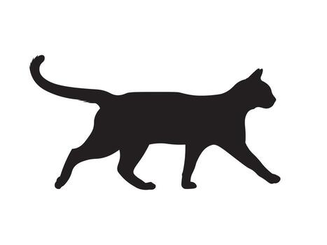 Black silhouette of a walking cat in side view, head facing right, body in mid step with tail relaxed and gently curved. Clean and minimal design on white background. vector