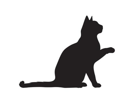 Black silhouette of a sitting cat in side view, one front paw gently raised as if reaching forward. Tail curved downward. Minimalist design on white background. vector