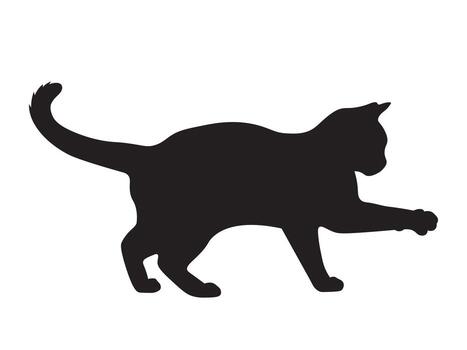 Black silhouette of a cat in side view, standing still with one front paw raised as if reaching forward. Tail down and gently curved. vector