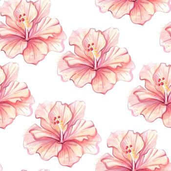 Delicate hibiscus flowers in soft pink shades create a seamless pattern on a clean white background, perfect for wallpaper and textile designs. Ideal for adding a touch of elegance to any space. vector