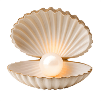 A half-open clamshell lamp with a pearl-shaped light source. isolated on a transparent background png