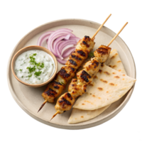 Grilled chicken souvlaki skewers with golden char marks, served with creamy tzatziki, flatbread, and sliced red onions, on a rustic plate, isolated on a transparent background png
