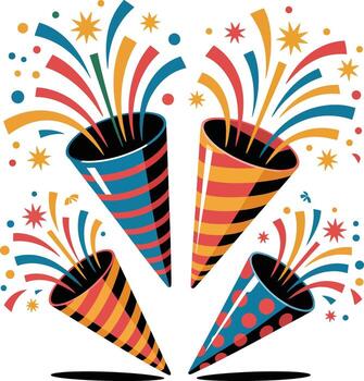 cuatro fiesta poppers explotando con vistoso papel picado y serpentinas ilustración vector