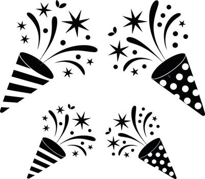 cuatro fiesta poppers explotando con papel picado aislado en blanco antecedentes ilustración vector