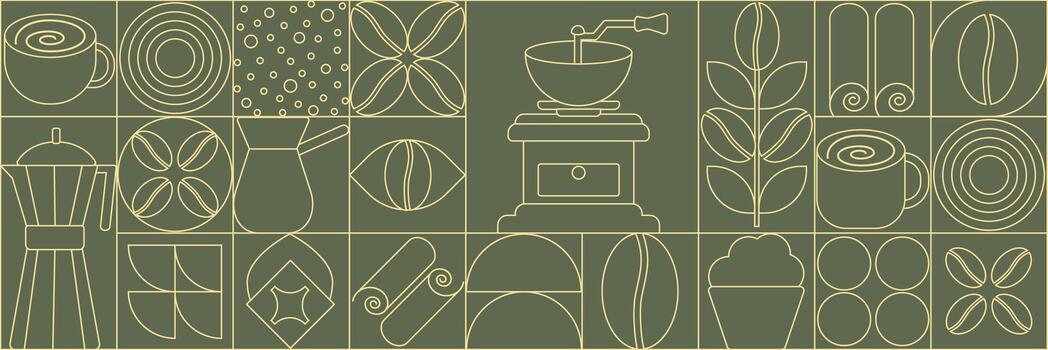 Geometric coffee pattern in minimalist style. Abstract print background with simple shapes for coffee shop, food packaging, cafe wall, menu. A green background with a series of geometric shapes vector