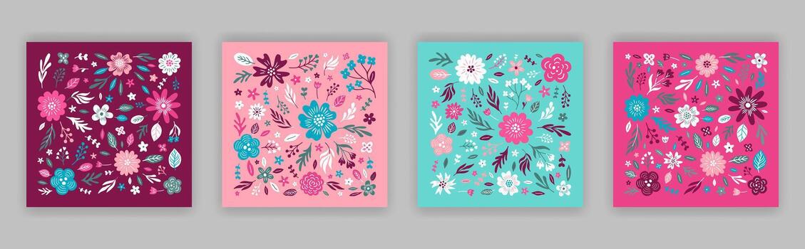 Aesthetic Cards with Floral Pattern. Boho Provence style print collection. Flower square compositions set. Use for rsvp wedding invitations, notebook, diary, notepad cover. vector