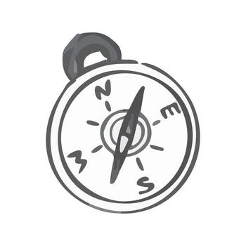 Compass hand Drawn ink. Four cardinal Directions pointer. Black-white sketch. Wayfinder, Orientation device. Hiking item for tourist maps, search. Travel and Navigation. Isolated. illustration vector