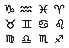 Set of zodiac sign symbols including capricorn, aquarius, pisces, aries, taurus, gemini, cancer, leo, virgo, libra, scorpio, sagittarius. astrology, horoscope, black icons on white background vector