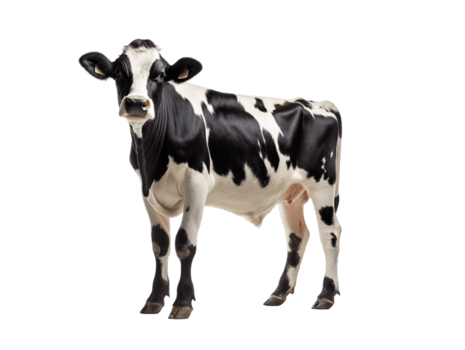 A black and white cow is standing isolated on transparent background png
