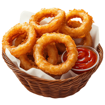 A basket of onion rings with a side of ketchup isolated on transparent background png