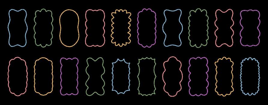 Groovy funky wavy crayon rectangle frame set in retro style, with colorful chalk outline border and sketch look. Modern y2k graphic background, playful for trendy, creative concepts. vector