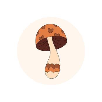 maravilloso retro magia seta pegatina con corazón diseño en un vistoso círculo. divertido hongos Arte agrega 70s y2k encanto para paquete tapa o etiqueta, ideal como un juguetón y de moda embalaje elemento. vector