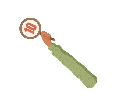 Flat hand hold circle feedback icon with 10 symbol. Customer gesture holding vote and rate symbol with satisfaction score. Review and rating concept, isolated style, ideal for survey or business. vector