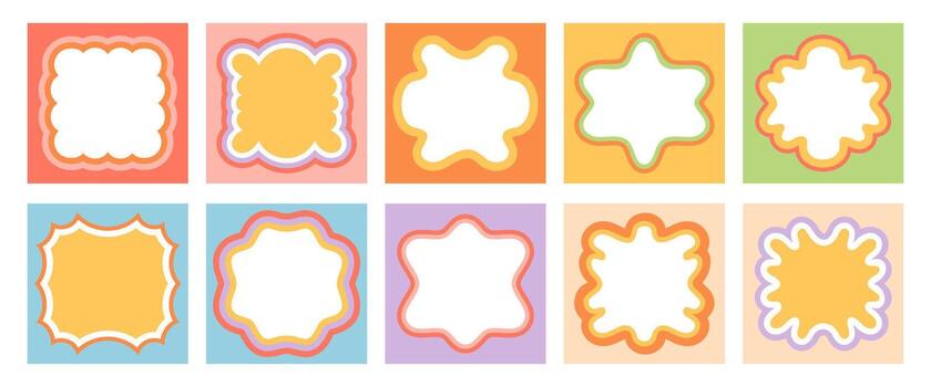 Groovy rectangle frame set in retro color and wavy outline style. Pop shape border and y2k background give playful, modern flair, perfect for trendy layouts creative projects. vector