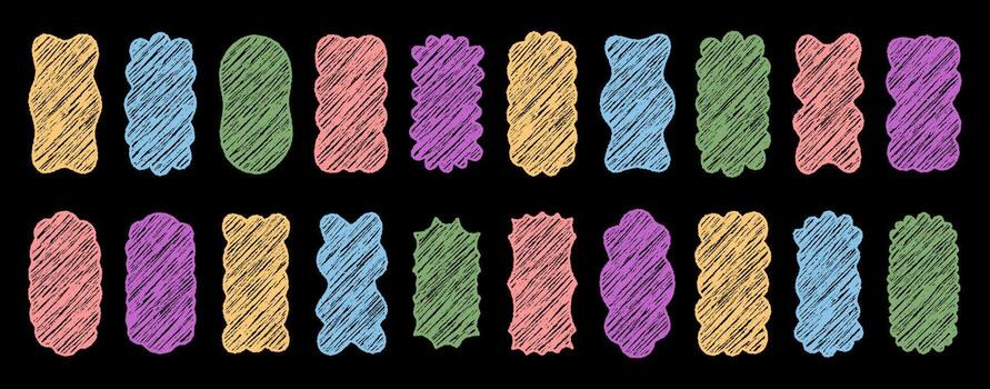 Groovy colorful hand drawn wavy rectangle frame set. Retro chalk doodle border and crayon shading with sketch style on background. Perfect for y2k graphic or playful modern elements. vector