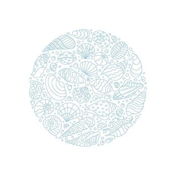 Underwater marine concept in round shape. Circular design with seashells, scallops, and conch. Ocean life and doodle elements create a unique aquatic theme, ideal for sea patterns or seamless vector