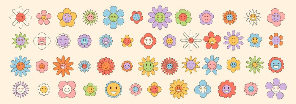 maravilloso retro linda flor pegatina conjunto en vistoso y2k garabatear estilo con contento sonrisa y juguetón margarita formas maravilloso elemento agrega divertido y popular ánimo, Perfecto para creativo pegatina o fondo de pantalla vector