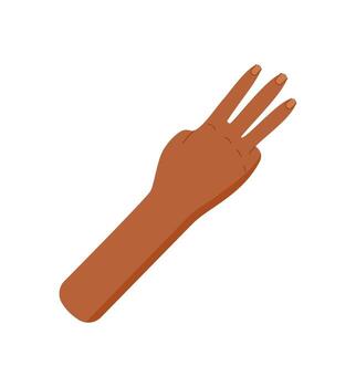 Flat style cartoon hand gesture with bare dark brown skin and three raised fingers. Palm pose indicates number three in simple style. Isolated on white, elementary concept or math learning tool. vector