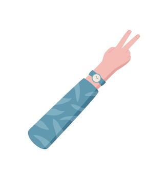Flat cartoon hand gesture showing two fingers. Palm signal with number two and upraised position. Human arm with sleeve and wrist, perfect for math education concepts. vector