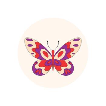 maravilloso retro mariposa gráfico con circulo forma en vistoso plano estilo pegatina. y2k sello en paquete tapa y pegatina Arte con Clásico encanto. divertido acento para paquete o creativo producto sello. vector