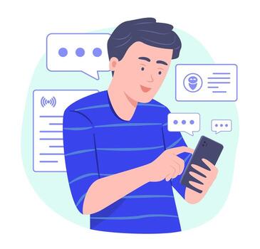Happy Young Man Chatting with AI Chatbot Application on Mobile Phone for Artificial Intelligence Technology and Telecommunication Concept Illustration vector