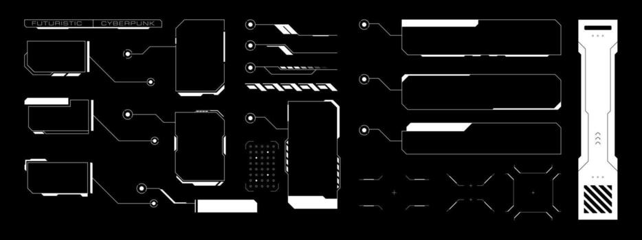 Futuristic callout title text boxes. Digital HUD lower third, frames, and infographic UI elements vector