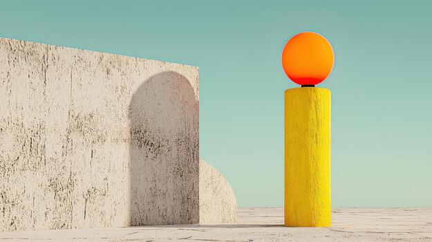 Abstract 3D Render Orange Sphere and Yellow Cylinder on Beige Textured Background photo