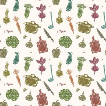 Seamless colorful cooking vegetables pattern, including carrot, cabbage, celery, onion, garlic, and pepper, with knife, pot, and ladle. Hand-drawn textured style vector