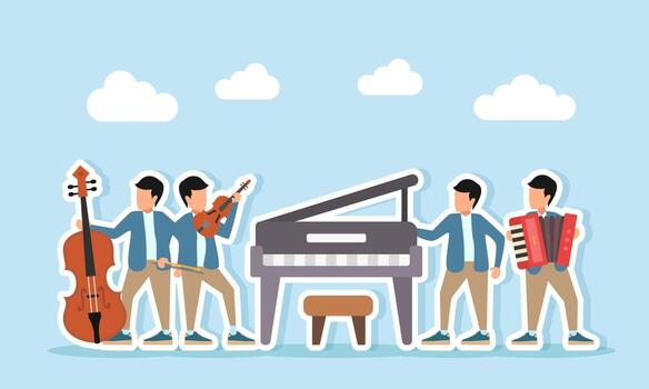 varios joven hombres jugando violín piano y acordeón ilustración de apreciación para música día celebracion o música festival vector