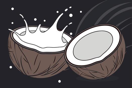 Two halves of a brown coconut with white milk splashing from one half against a dark background with abstract lines vector