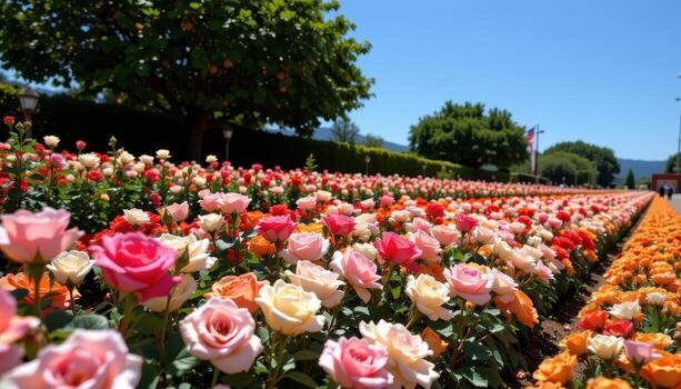 roses in alternating colors bloom in straight rows, a precise pattern beneath the blue midday sky. photo
