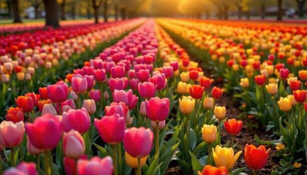 vivid rows of tulips bloom in harmony, stretching far beneath the gentle golden light of spring dawn. photo