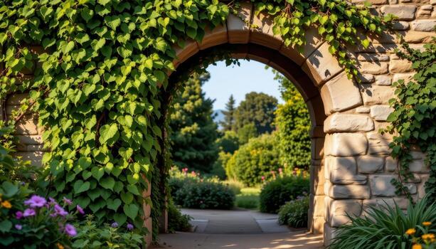 climbing vines embrace the stone archway, casting shadows across its form in golden summer light. photo