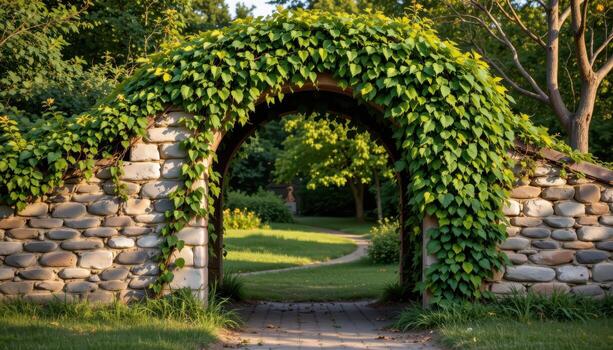 a rustic arch draped with green ivy stands silent under the calm warmth of summer's afternoon. photo