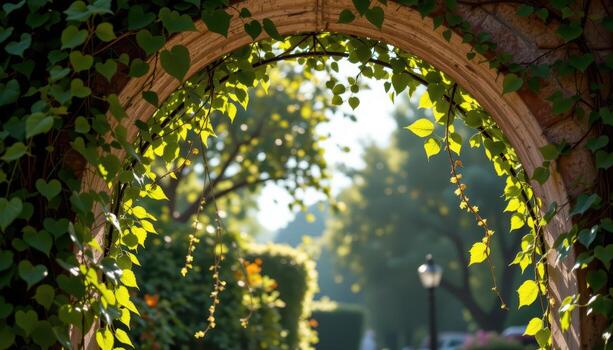 an ornate arch framed by green vines, sunlight filtering through in patterns of gold and shade. photo