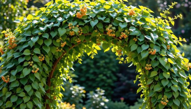 garden arch draped with lush leaves, sunlight tracing soft lines across the wooden frame. photo